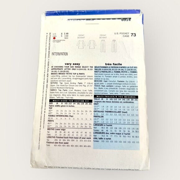 Vintage 2000s Butterick Sewing Pattern 6914 Misses Top Pants Size 12-16 - Picture 2 of 2